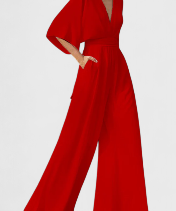 Elegant Long Jumpsuit with Wide Legs and V-Neck