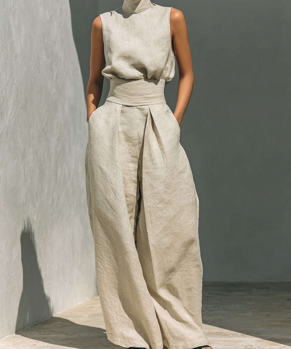 Set consisting of a sleeveless blouse and wide-leg trousers made from a cotton-linen blend.