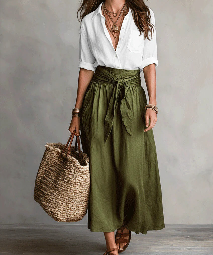 Vera – Two-piece set: black top and olive green midi skirt