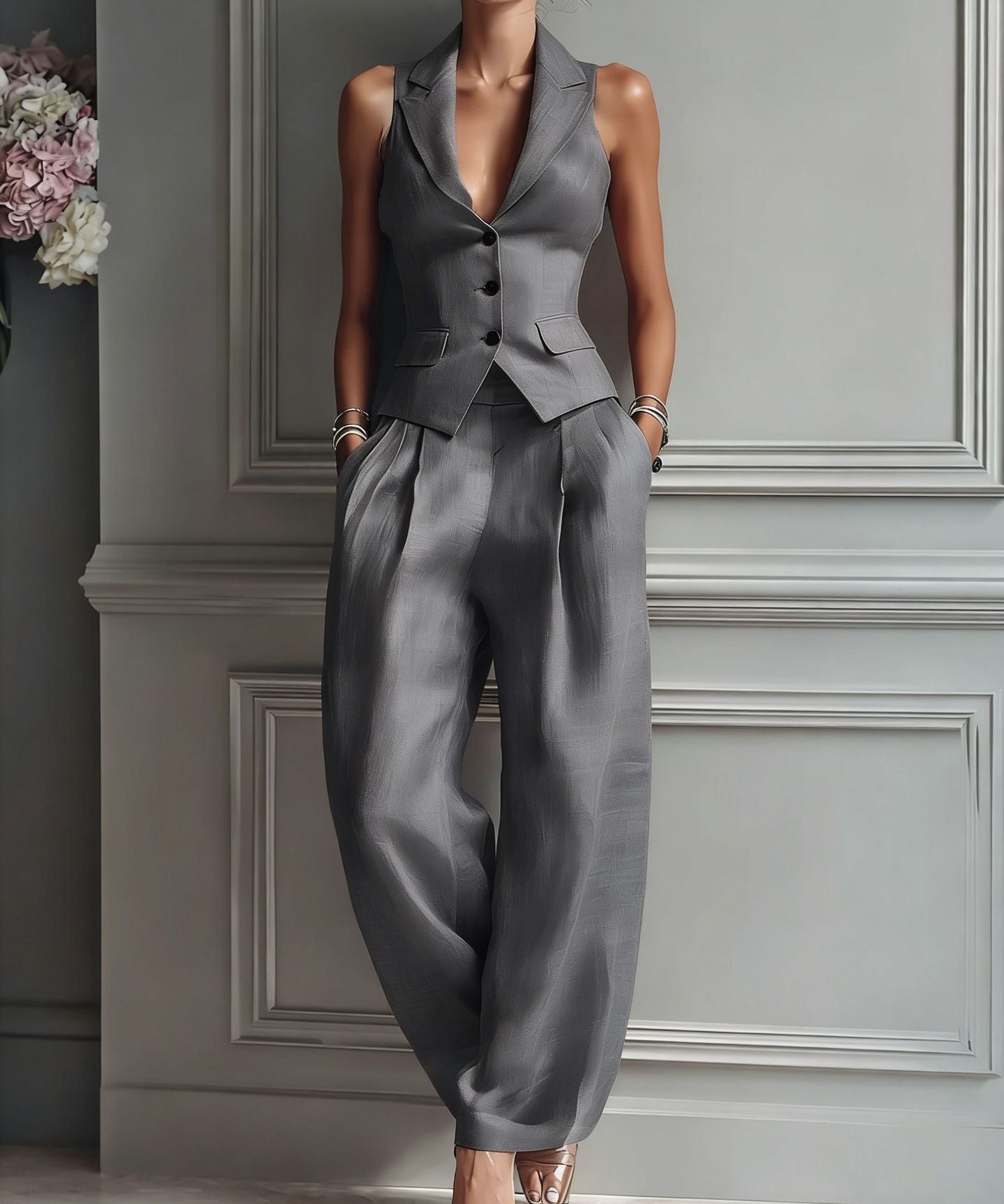 Women's Two-Piece Set with V-Neck and Buttons