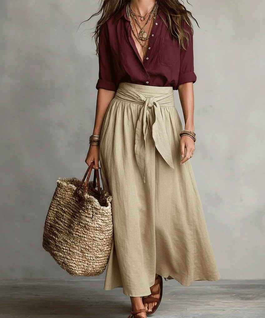 Vera – Two-piece set: black top and olive green midi skirt