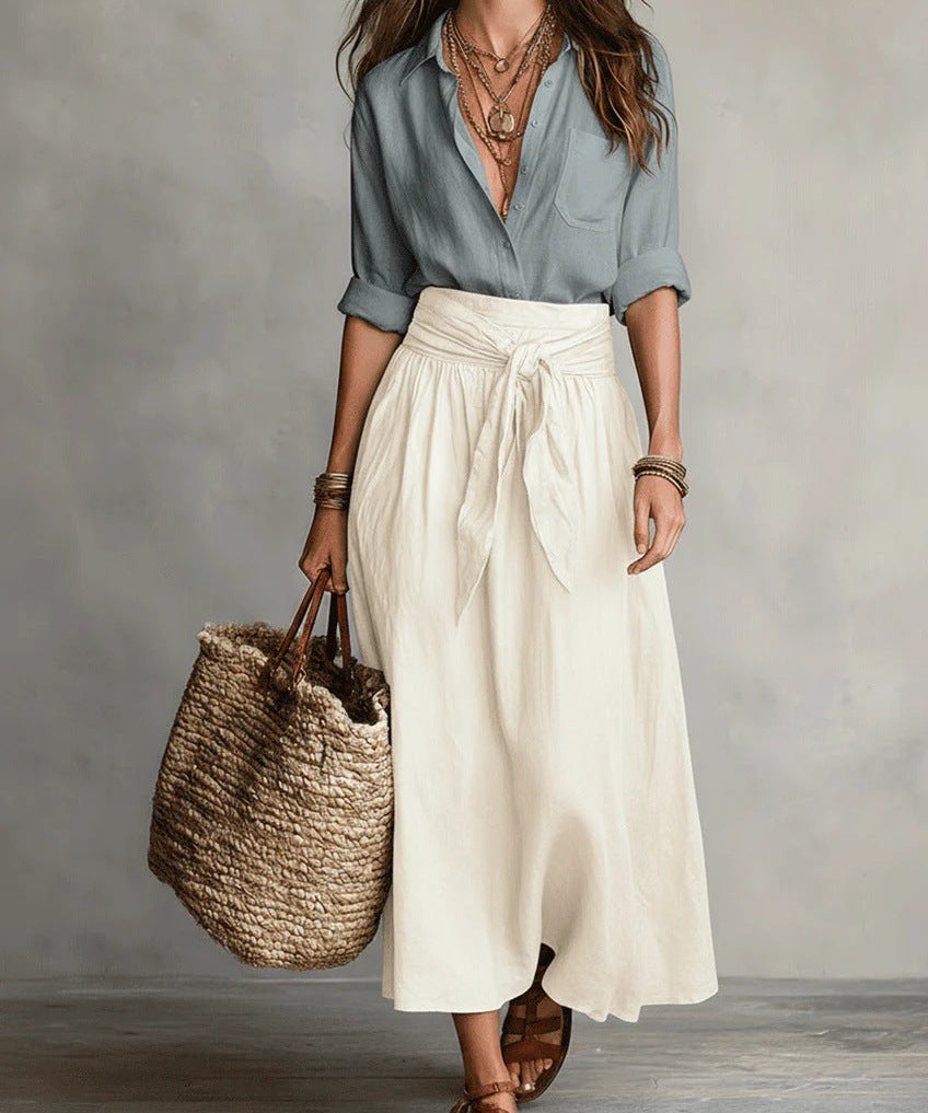 Vera – Two-piece set: black top and olive green midi skirt