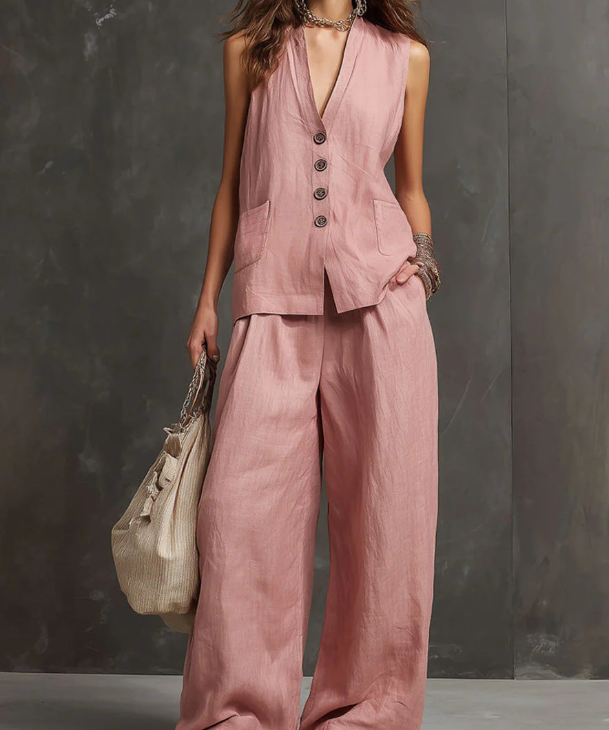Two-Piece Cotton and Linen Set with Sleeveless Waistcoat and Wide-Leg Trousers