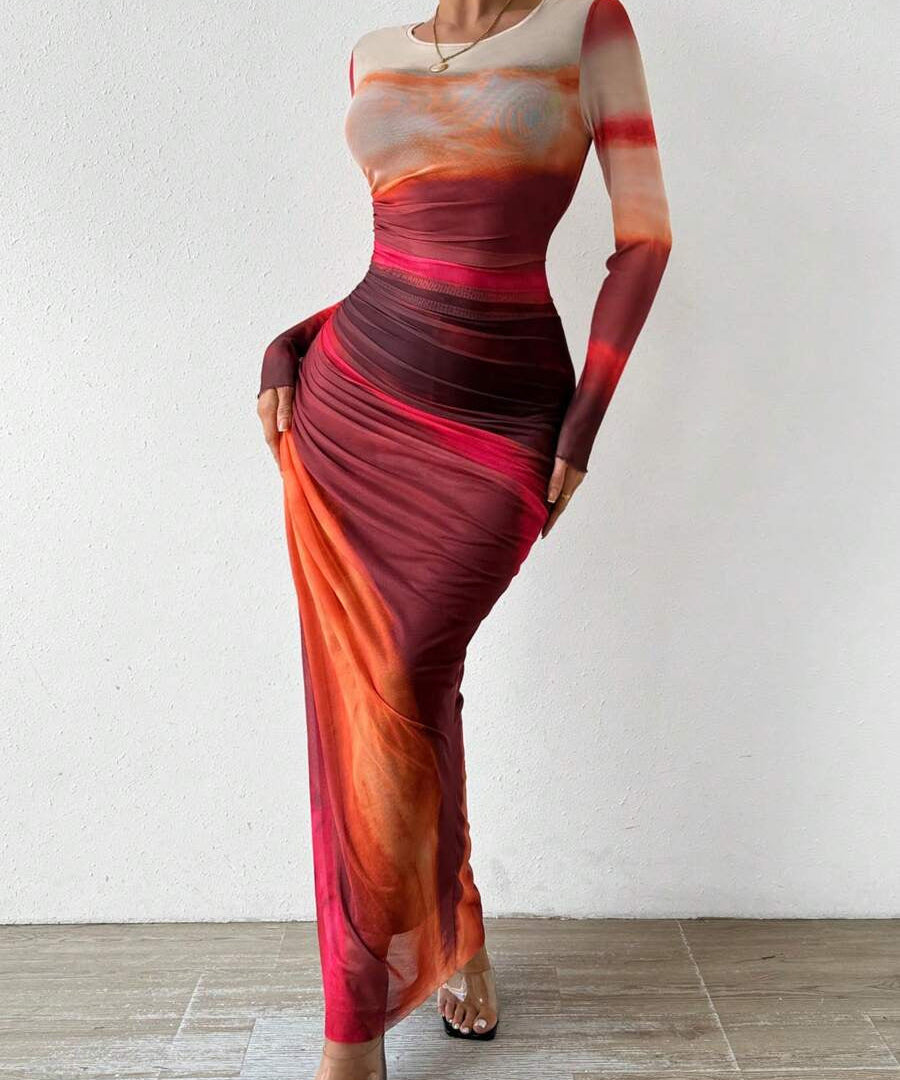 Natalia | Comfortable Printed Long Sleeve Maxi Bodycon Dress