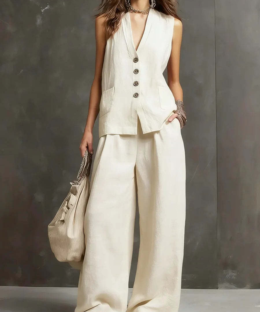 Two-Piece Cotton and Linen Set with Sleeveless Waistcoat and Wide-Leg Trousers
