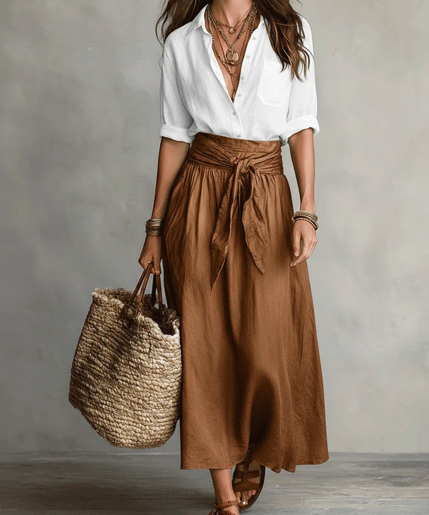 Vera – Two-piece set: black top and olive green midi skirt