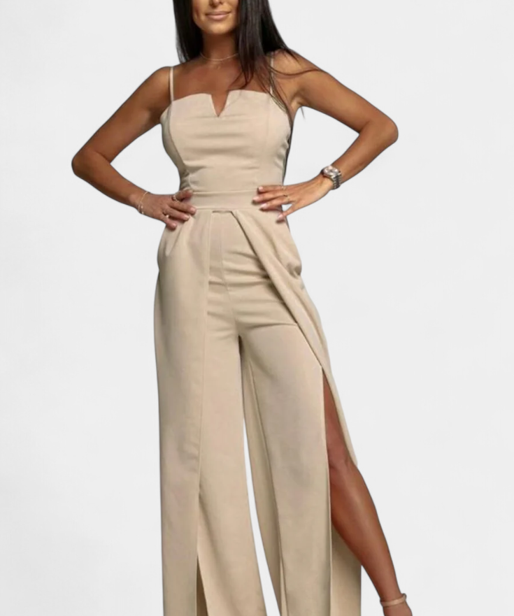 Prescillia Jumpsuit with Spaghetti Straps and Split Leg