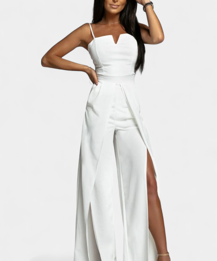 Prescillia Jumpsuit with Spaghetti Straps and Split Leg