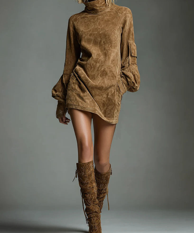 Livia ❘ Oversized Mini Suede Dress with High Neck