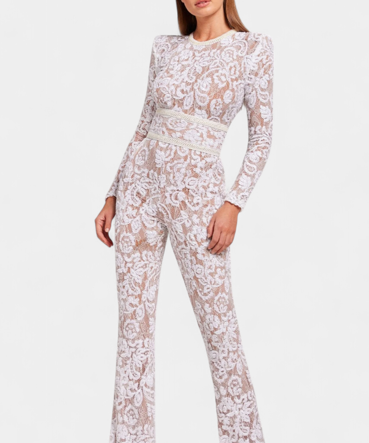 Jimena Lace Jumpsuit with Sequins and Belt