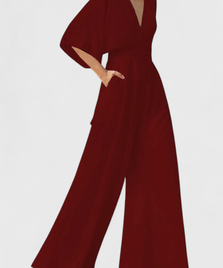 Elegant Long Jumpsuit with Wide Legs and V-Neck