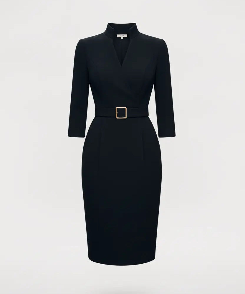 Nora | Black Dress with Belt and Mandarin Collar